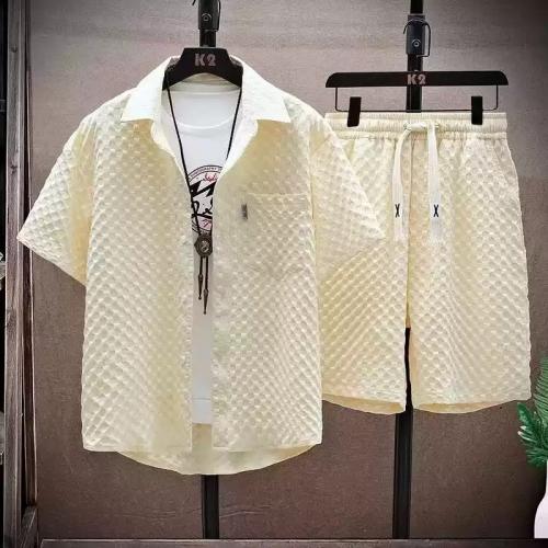 夏季冰丝短袖衬衫套装男士酷帅穿搭五分短裤一整套运动休闲两件套